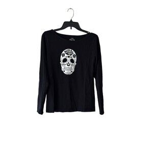 J.Crew Artist Tee Black Long Sleeve Skull Top Women's M Stretchy HasFLAW